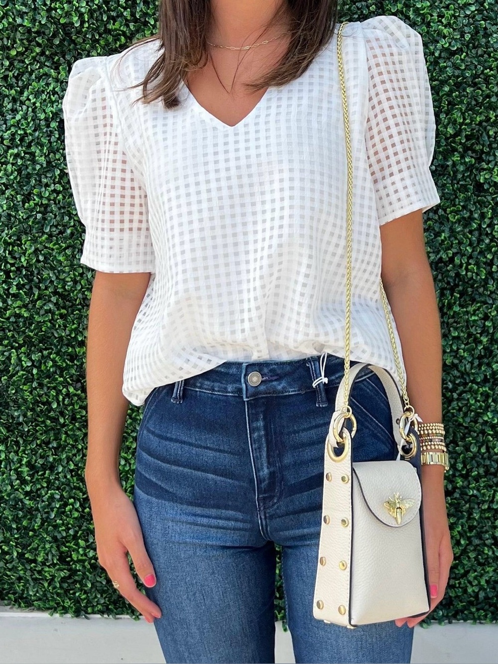 Puff Sleeve White Grid Pattern via neck Blouse Small New